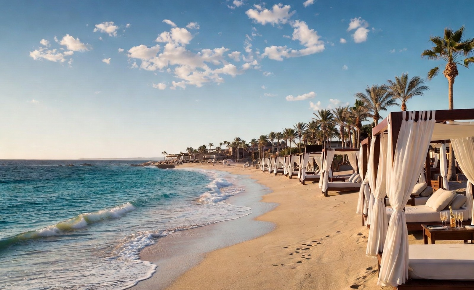A private beach club with loungers, palms, and calm sea water.
